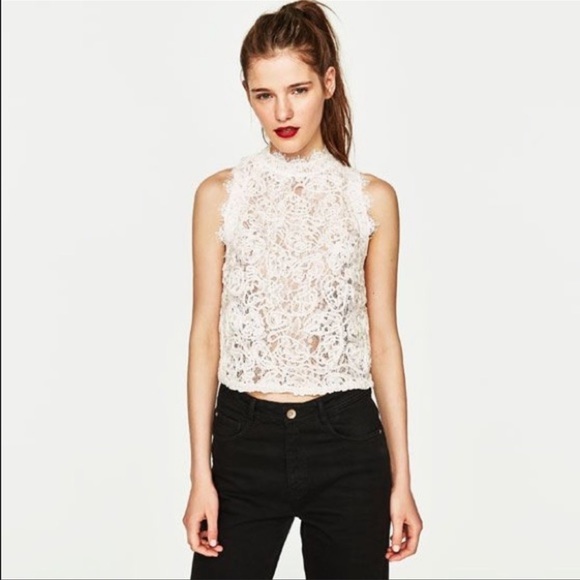 ZARA Back Zip Brocade Lace Crop Top Size S In Ivory NWT - Picture 1 of 12